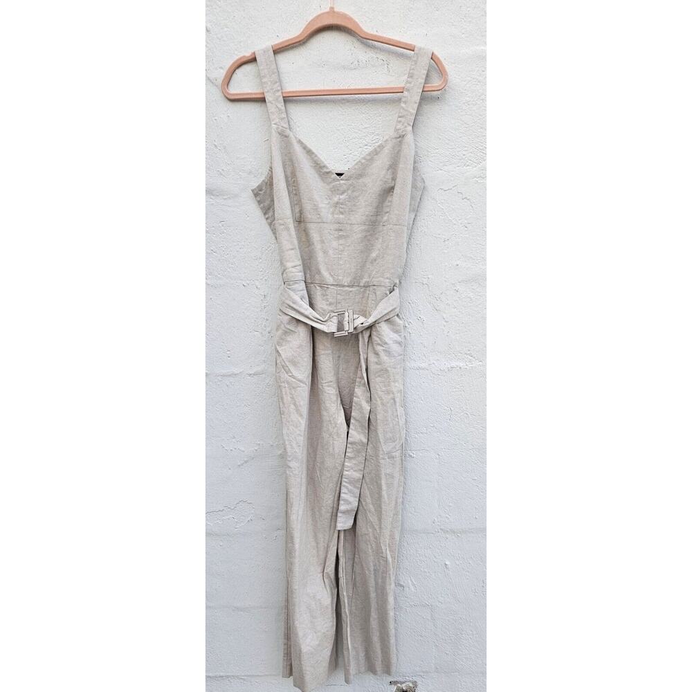 DKNY Womens‎ Jumpsuit Medium Beige Taupe Belted Linen Cotton Straight Leg V Neck
